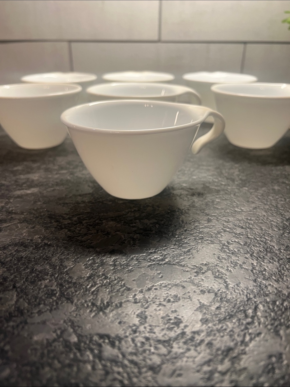 Set of 7 Corelle Livingware Winter Frost hook cups. Excellent condition. White